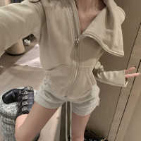 MAKI STUDIO RO杏色斜拉鍊高領厚棉T+羊絨針織短褲休閒褲春季新款