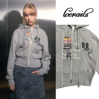 現貨博主推薦~loerails韓國設計師品牌 小眾卡通兩穿短款連帽運動衫