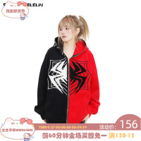 文文不乖美式復古蜘蛛印花連帽開衫衛衣女春秋季寬鬆情侶休閒上衣