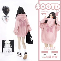 粉色蝴蝶結衛衣女春秋2023新款爆款慵懶oversize正肩連帽外套上衣