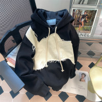 國潮高街小個子撞色拼接厚T恤女春秋季寬鬆美式港風hiphop連帽外套