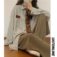UATONLINE2022秋季新款美式復古日系豎條紋長袖襯衫女ins港風襯衫