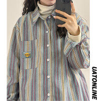UATONLINE春秋寬鬆美式復古潮牌日系豎條紋長袖襯衫女襯衫外套男