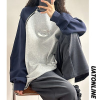 UATONLINE秋季美式復古寬鬆小眾金屬拉鍊拼接圓領厚棉T女長袖上衣