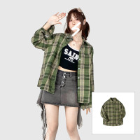 vintage美式復古上衣初秋疊穿外套設計感小眾襯衫綠色格子紋襯衫