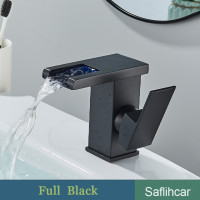 Светодиодный матовый черный смеситель для ванной комнаты, смеситель для раковины с изменением температуры и светодиодным водопадом, смесители для горячей и холодной воды