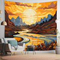 Гобелен с изображением гор, реки, заката, украшение для комнаты с эффектом масляной живописи, 100% полиэстер, гобелен с изображением гор, реки, заката