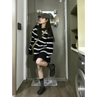 日系寬鬆條紋長袖厚棉T女2023春秋新款圓領純棉情侶百搭基礎外套潮