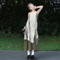 法式復古紮染洋裝女夏季寬鬆顯瘦吊帶長裙小眾設計感V領裙子