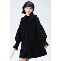 小蔥良裁 黑色薄款毛呢洋裝秋冬高腰寬鬆可拆卸娃娃領荷葉邊裙