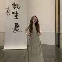 法式復古拼接褶皺無袖氣質裙子夏季2023年新款收腰顯瘦洋裝女裝