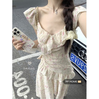 PPHOME氣質滿格~簡約飛袖碎花吊帶洋裝女設計感度假風仙女長裙