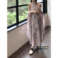 PPHOME墨染幾許~新中式仙女挖肩改良旗袍長裙+輕薄蝴蝶禪意開衫