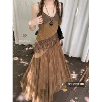 PPHOME中古甜心~新中式復古設計感V領吊帶洋裝女夏收腰顯瘦長裙