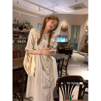 PPHOME甜甜初戀~日系復古條紋洋裝夏季時尚簡約一字肩兩穿長裙