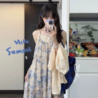 法式復古浪漫藍色微胖mm吊帶碎花洋裝子女夏季溫柔風仙女款長裙