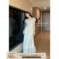 70不是七十一字肩度假洋裝女裝夏季溫柔風荷葉邊仙女裙收腰長裙