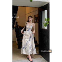 kumikumi新中式洋裝女水墨印花吊帶裙夏季綁帶露背收腰中長裙子
