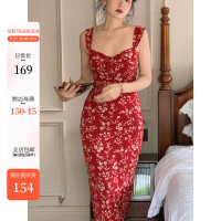 午後商店◆長版碎花收腰紅色洋裝女夏季法式復古包臀吊帶裙