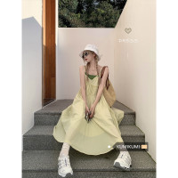 kumikumi度假風海灘吊帶裙洋裝女夏季氣質無袖背心長裙綠色裙子