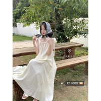 PPHOME乖巧甜妮~度假風潮白杏色溫柔法式繫帶無袖洋裝仙氣長裙