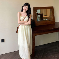 PPHOME甜美系花~海邊度假風顯瘦無袖吊帶洋裝夏季高級A字裙長裙