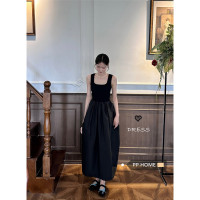 PPHOME黑金曼巴~港風甜妹百搭連衣裙針織拼接氣質蓬蓬吊帶裙