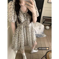 PPHOME夜幕甜曲~碎花短袖洋裝V領泡泡袖高腰顯瘦天絲短裙夏季