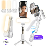 Стабилизатор для смартфона Goodly Selfie Stick Tripod Q09 с LED подсветкой, 5 в 1, портативная селфи лампа, монопод, встроенный штатив, трипод с Bluetooth пультом для телефона, белый