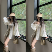 純色長袖雪紡襯衫女裝秋季V領泡泡袖薄款襯衫飄帶中長版防曬上衣