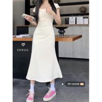 PPHOME花間白芍~溫柔風包臀裙洋裝女夏季新款收腰抽褶針織長裙