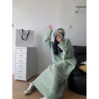 Star套頭連帽針織洋裝女秋冬新款慵懶風寬鬆休閒顯瘦長版毛衣裙