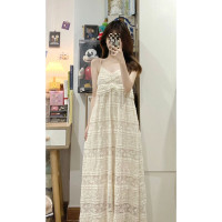 白色蕾絲拼接吊帶長裙2022夏季新款法式溫柔風甜美減齡高腰連身裙