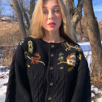 Vintage Wen美式復古重工個性小鹿刺繡針織開衫女潮ins毛衣外套