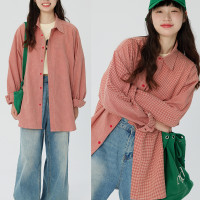 北原山貓 22ss/原創自制紅色長袖格子襯衫女休閒寬鬆外穿防曬上衣