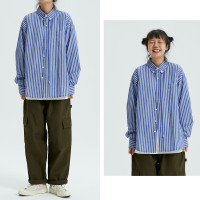 北原山貓 19AW/簡約bf風寬鬆休閒百搭藍色純棉條紋襯衫/男女襯衫