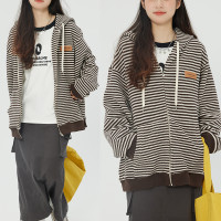 北原山貓 22ss/原創秋季條紋連帽運動衫女休閒寬鬆加厚長袖開衫外套