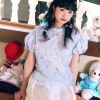 HELPHELP外星社花園系列藍色印花花束手工可愛襯衫2023夏季新品