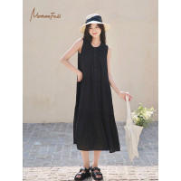 阿秋Maturefall黑色無袖寬鬆顯瘦洋裝女通勤薄款鈕釦背心長裙夏
