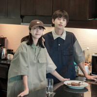 @港仔文藝男 美式拼接短袖polo衫男夏季寬鬆撞色襯衫領工裝短袖