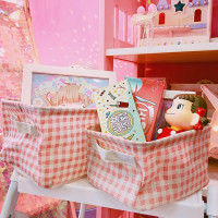 少女可爱粉色格子家居棉麻布艺收纳篮化妆品杂物收纳筐桌面收纳盒