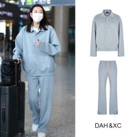 劉雯明星同款藍色Polo領潮ins長袖厚棉T運動套裝女春秋季2023新款