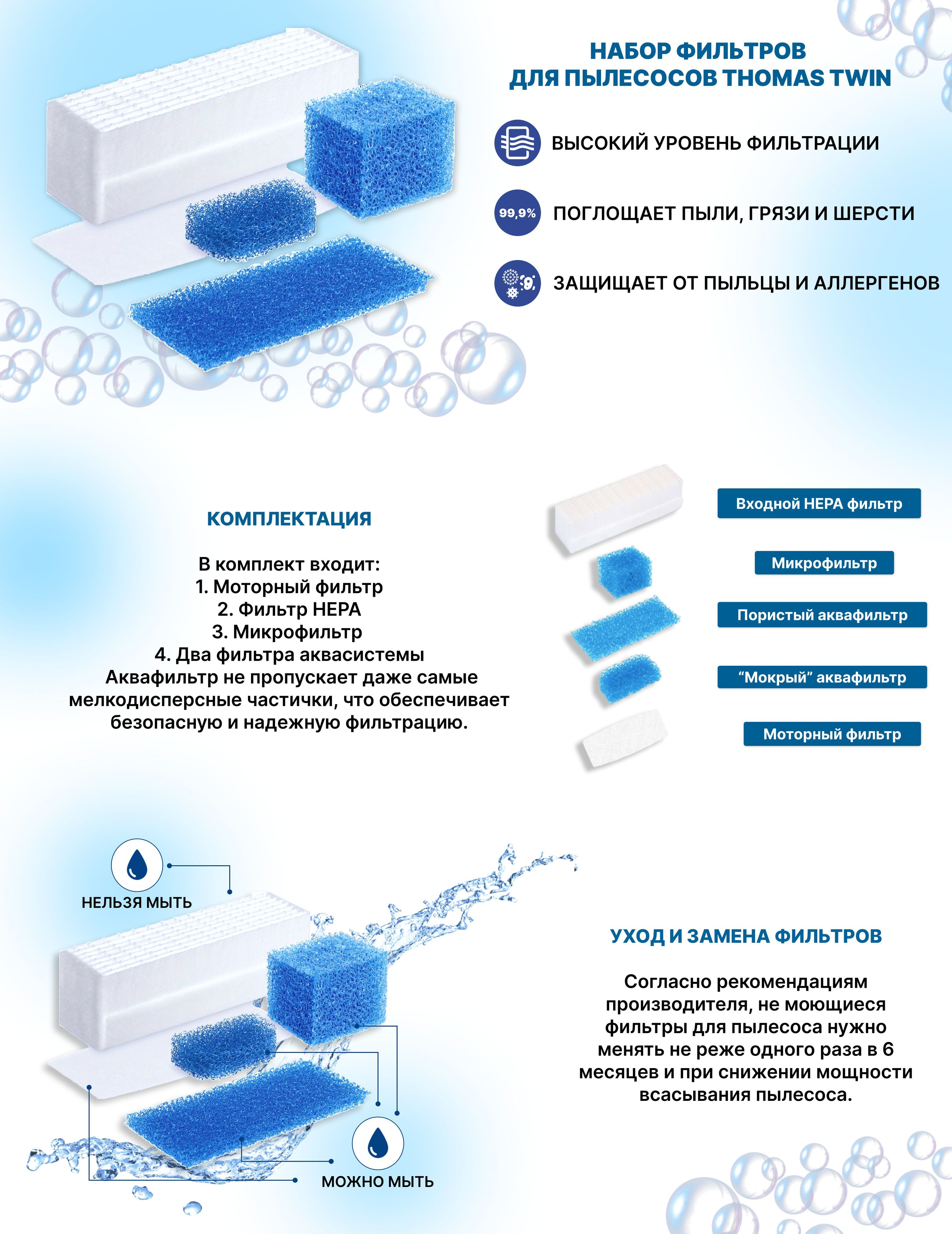 Набор фильтров FTH 16 предназначен для моющих пылесосов THOMAS TWIN. В комплект входит моторный фильтр, фильтр HEPA, микрофильтр и два фильтра аквасистемы. Согласно рекомендациям производителя, не моющиеся фильтры для пылесоса нужно менять не реже одного раза в 6 месяцев, а также при снижении мощности всасывания пылесоса. Универсальный фильтр для моющего пылесоса томас задерживает до 100% пыли и аллергенов. Аква фильтр не пропускает даже самые мелкодисперсные частички, что обеспечивает безопасную и надежную фильтрацию. Бытовой фильтр совместим с моделями: Black Ocean, GENIUS (S1, S2) Aquafilter, HYGIENE T2 и Т2 Plus, PET&Friends T1, ROTHO, SMARTY, SYNTHO, Tristan Aqua Stealth, твин Aqua Wash PET, TWIN: aquafilter, aquaterm, Helper, Leopard, Panther, Puma, Sigma Aquafilter, T1 aquafiler, T1 aquafiler Turbo, T2 aquafilter, T2 Aqua Stealth, T2 PARQUET, Tiger, TT aquafilter, TT Orca, TT PARQ, tomas