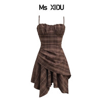 Ms XIDU焦糖慄子色系 法式復古少女格紋不規則褶皺顯瘦吊帶裙女夏