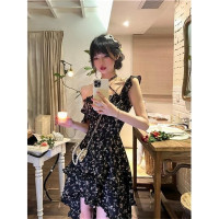 夏季法式初戀仙女裙碎花吊帶裙收腰顯瘦不規則設計感黑色洋裝女