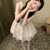 甜辣妹碎花吊帶洋裝女夏茶歇法式小個子公主蛋糕裙收腰蓬蓬裙子