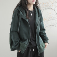 咖咪羽新款外套女2022秋裝帽衫休閒寬鬆復古拼接長袖棉質上衣女裝