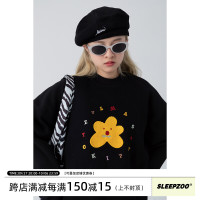 食着SLEEPZOO韓國街頭可愛花朵刺繡圓領厚棉T女秋冬百搭寬鬆BF上衣