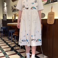 童趣古著卡通手工小刺繡日系乖巧娃娃領棉麻透氣顯瘦短袖洋裝夏