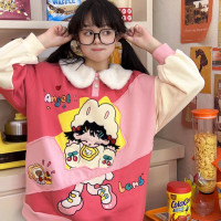 Robootoo可愛布貼繡毛茸娃娃領全棉日系套頭休閒上衣2023年秋冬女甜美